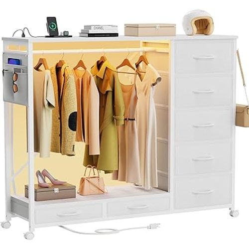 Dresser with Hanging Rack, Dresser for Bedroom with Led Lights and Charging Station, 7 Drawers Storage Chest with Hooks and Clothes Rack, Nursery White