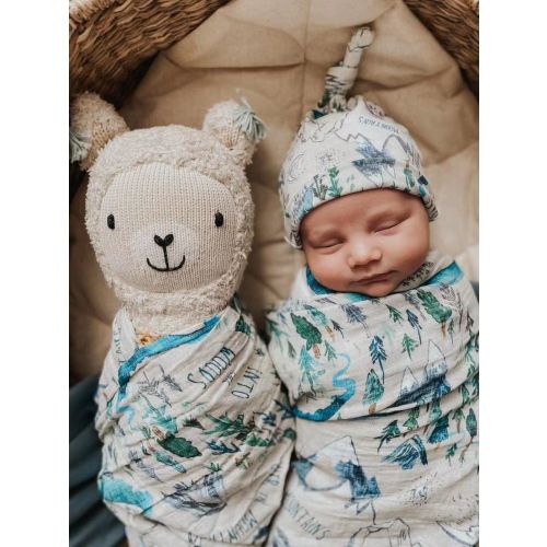 100% Organic Muslin Blanket &quot;Into the Woods&quot; Boho Mountain Muslin Swaddle Set with Matching Hat and Birth Announcement Disc
