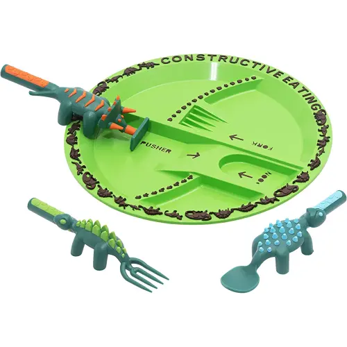 Constructive Eating Plate and Utensils Set Dino USA Made Toddler, Kids Dinnerware Utensils Set for Ages 1-3, Toddler Utensils 2 and 3 Year Old, Divided Toddler Plates
