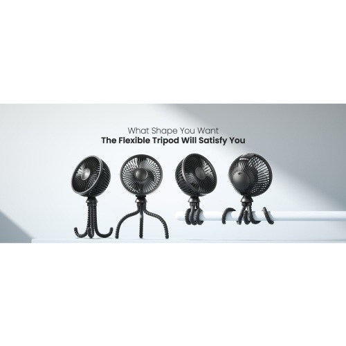 Gaiatop Baby Stroller Fan, 4000mAh Oscillating Mini Portable Fan with Light, 4 Speeds Battery Operated Small Handheld Desk Fan, 360° Rotate Flexible Tripod Clip On Fan for Car Seat Crib Travel Black