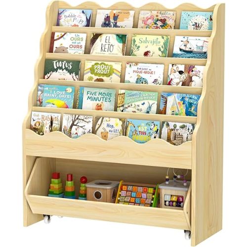 5-Tier Wooden Book Shelves, Large Size Kids Bookshelf and Toy Organizer, Toy Storage Drawer with Wheels for All Ages Boy and Girl, Toddler Scalloped Book Shelf for Kids Room Playroom Nursery