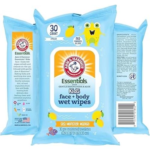 Sea Monster Mango Baby Wipes - 30 Count Travel Friendly Face & Body Wet Wipes - 1 Flip-Top Pack of Towelettes Infused with Aloe Vera & Chamomile