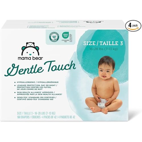Amazon Brand - Mama Bear Gentle Touch Diapers, Hypoallergenic, Size 3, 168 Count (4 packs of 42), White - Size 3, 42 Count (Pack of 4)