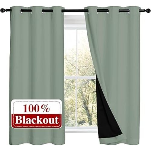 NICETOWN 100% Blackout Curtains 54 inches Long, Double-Deck Completely Blackout Window Treatment Thermal Insulated Lined Drapes for Small Window (Greyish Green, 1 Pair, 42 inches Width Each Panel)