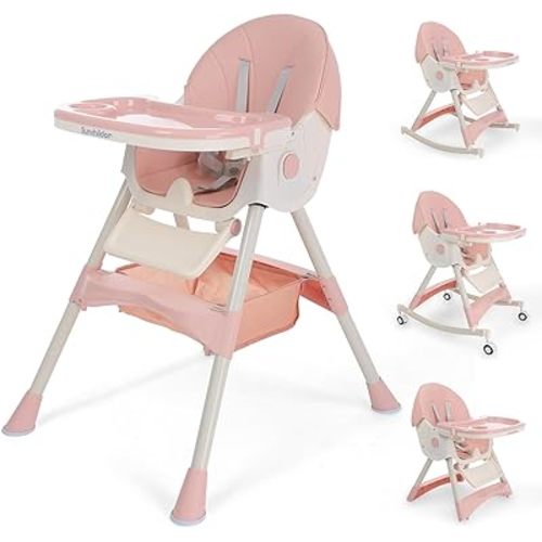 4 in 1 Foldable Baby High Chair with Removable Tray, Safety Belt, Footrest and Wheels, Convertible Toddler High Chair, Pink