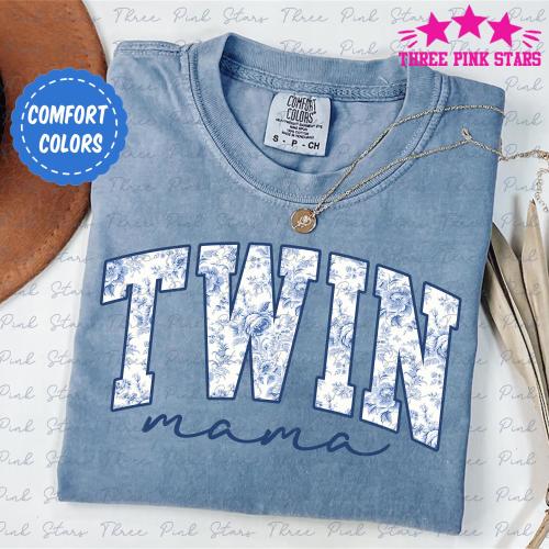 Toile Twin Mama Comfort Colors Shirt, Floral Twin Mom Shirt, Twin Pregnancy Announcement, Mom Of Twins Gifts E6303