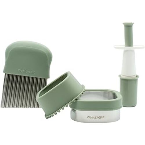Baby Led Weaning Kitchen Tool Set, Includes Crinkle Cutter, Grape Cutter & Sandwich Cutter, Made In Collaboration With Feeding Specialist, Durable & Dishwasher Safe, Matte Green