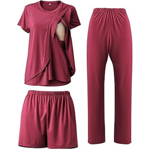 Rnxrbb 3 Piece Postpartum Nursing Pajamas Set Double Layer Maternity Breastfeeding Pjs Sleepwear