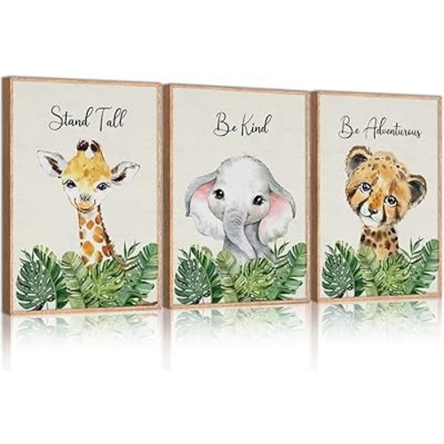 HPINUB Boho Safari Animal Framed Canvas Wall Art Set, Jungle Theme Watercolor Nursery Wall Art Prints,Inspirational Quote Painting for Baby Room, Nursery Kids Playing Room Decor-16 x24 x3