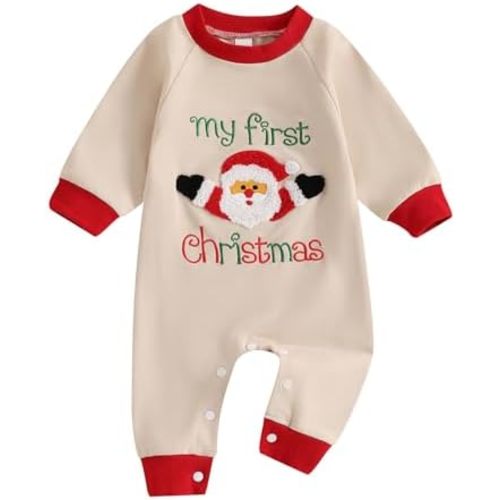 Newborn Boy Christmas Romper Letter Santa Claus Embroidery Long Sleeve Crew Neck Full Length Jumpsuit