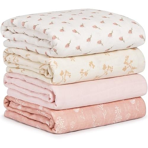 Muslin Swaddle Blankets for Newborn, 4 Pack Organic Cotton Baby Blankets for Girls, Large 31.5 x 43.3 Breathable Soft Receiving Blanket, Essentials Swaddle Wrap Burping Clothes, Flowers