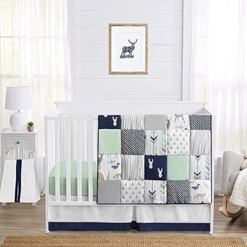 Sweet Jojo Designs Navy Blue Woodland Deer Boy Baby Crib Bedding Set for Infant Nursery Room Quilt, Fitted Sheet, Skirt, Diaper Stacker - 5pc - Mint Green and Grey Woodsy Forest Arrow