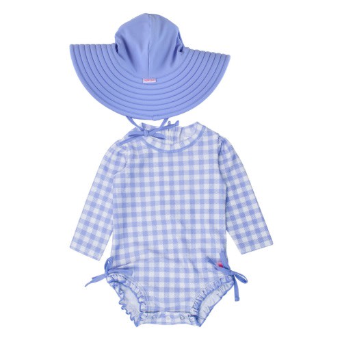 Gingham Long Sleeve One-Piece Rashguard Swimsuit & Hat Set