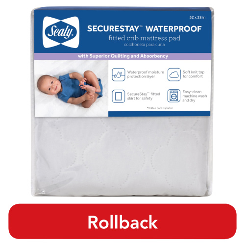 Sealy SecureStay Waterproof Crib Mattress Pads, Easy Clean Washable, Crib, White, 1.1 lb.