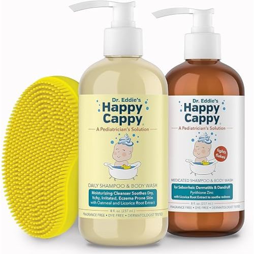 Happy Cappy Daily Medicated Shampoo and Body Wash Bundle - Baby Dandruff Shampoo for Cradle Cap and Seborrheic Dermatitis, Helps Redness, Dermatologist Tested (8 Fl Oz (Pack of 2)+Brush)