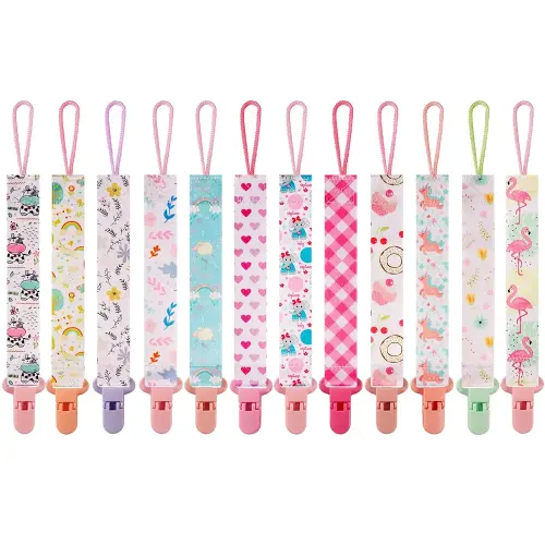 12 Pack Pacifier Clips with Strap 25.5cm - Premium Polyester Baby Pacifier Holder Set, Multi-Design Clips for Girls Boys(Multi Color B)