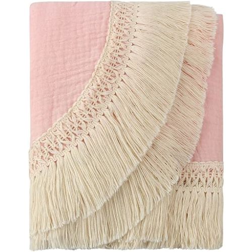 Baby Muslin Tassles (53.15 x 53.15 inch), Baby Receiving Blanket with Fringe, Boho Muslin Swaddle Blanket with Fringe - Soft Cotton for Girls Boys Towels Accessories, 135cm, Type 7