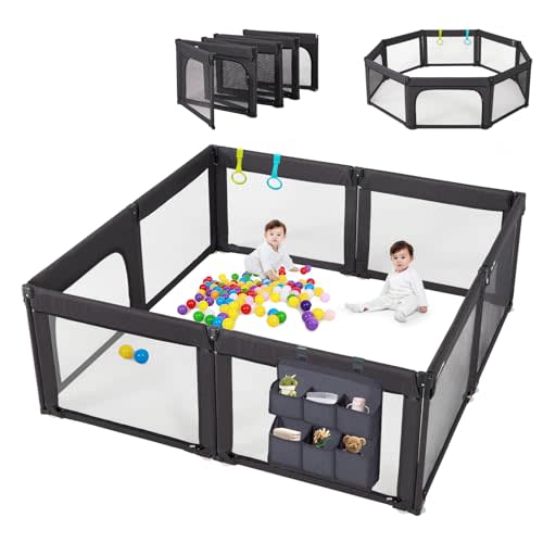 Foldable Baby Playpen, Shape & Size Adjustable Playpen for Toddler, 79x71 Large Play Pens Safety Mesh Foldable Playard for Babies, Portable Baby Fence Play Area Kids Play Pen, Black