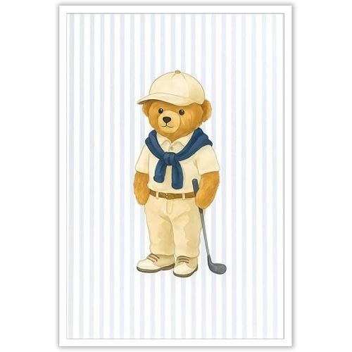 Teddy Bear Playing Golf Posters Vintage Animal Sports Canvas Wall Art Preppy Bear Nursery Aesthetic Pictures Prints Painting For Living Room Bedroom Office Wall Decor 12x16in Unframed
