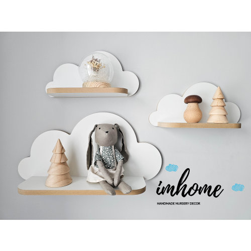 Set of 3 White Cloud Floating Shelves – Nursery Wall Decor for Kids Room, Pre-Assembled Wooden Shelf, Baby Room Storage