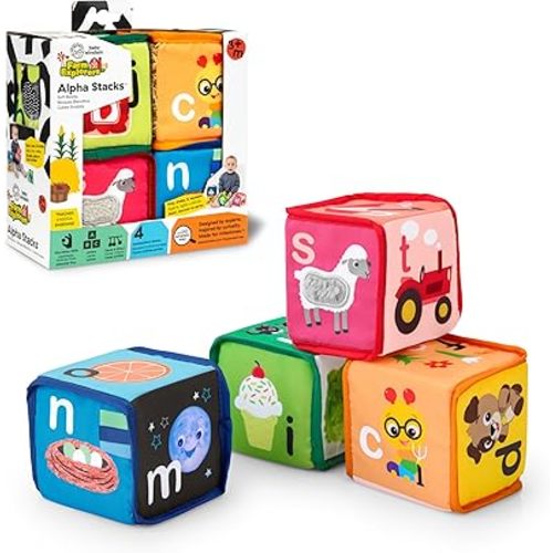 Baby Einstein Alpha Stacks Baby Learning Blocks, Soft, Multisensory Stacking Toys with Letters A-Z, Animals, Colors & Textures, Set of 4, Ages 3 Months+