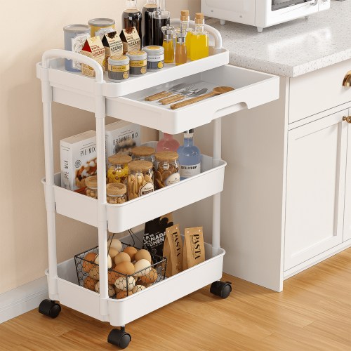 Rolling Utility Cart with Drawer 3 Tier, Plastic Rolling Cart with Handle & Lockable Wheels, Storage Shelves Organizer Cart, Multifunctional Storage Cart for Kitchen Bathroom Office Living Room Black