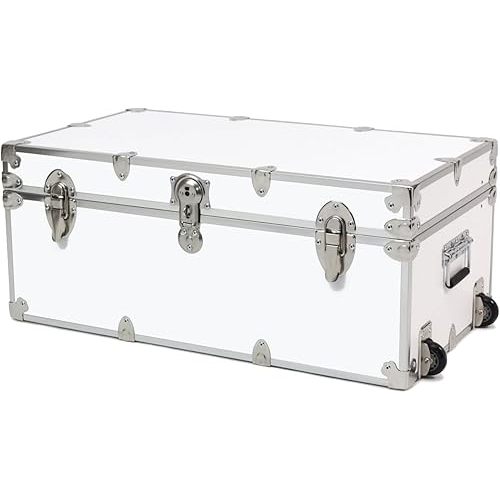 Rhino Trunk & Case Large Essential College Trunk with Wheels - Secure Dorm Storage Chest - Ideal Footlocker for Students - Strong Trunks with 1000+ Pound Sitting Capacity 32"x18"x14" (White)