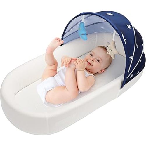 Portable Baby Lounger - Travel Bassinet for Newborn, Infant and Toddler, Suitable for Indoor & Outdoor Carrying, Mini Cribs Co Sleeper for Baby in Bed, Lightweight Foldable Washable, Blue