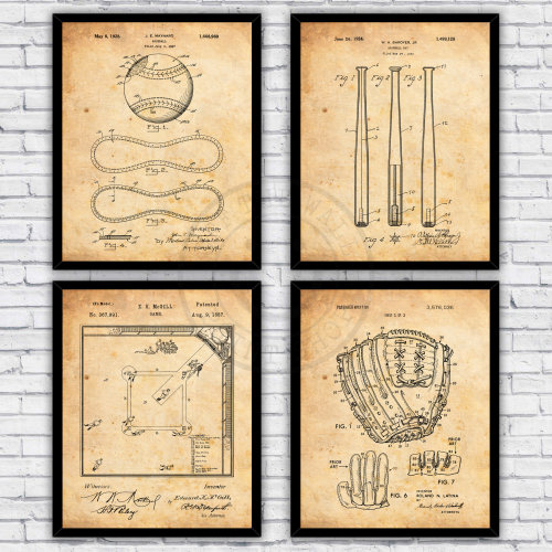 Baseball Ball Bat Glove Field Sports Patents Four Pack - Wall Art Prints Decor - Size and Frame Options