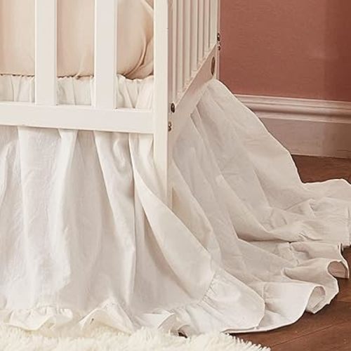 Brandream Boho Bohemian Girl Baby Nursery Crib Bed Skirt Dust Ruffle - Neutral Solid Color Beige Cream Off White Farmhouse Chic 100% Washed Cotton Ruffle
