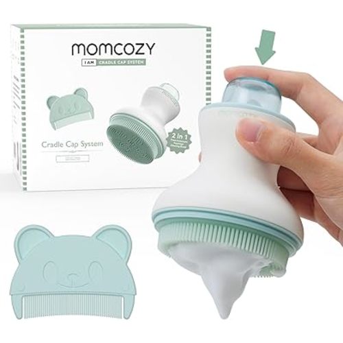 Momcozy Innovative Cradle Cap Brush with Pump, 2-in-1 Baby Cradle Cap Brush with Bubbler, Newborn Cradle Cap System, Shampoo Brush Baby Bath Essential Foamer Brush, Baby Hair Brush, Green
