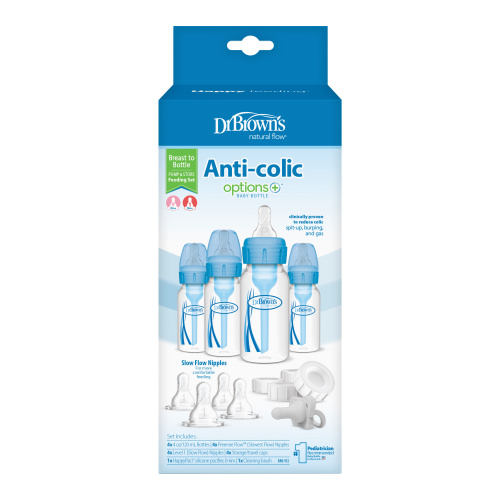 Dr. Brown's Natural Flow Anti-Colic Options+ Narrow Breast to Bottle Feeding Set, Blue, 4oz, 4 Pack