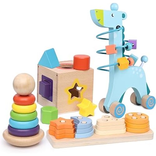 4-in-1 Wooden Montessori Toys for 1+ Year Old - Educational Sensory Toys for Toddlers Aged 1-3 - Baby Learning Toys for Boys and Girls, Christmas Birthday Gifts