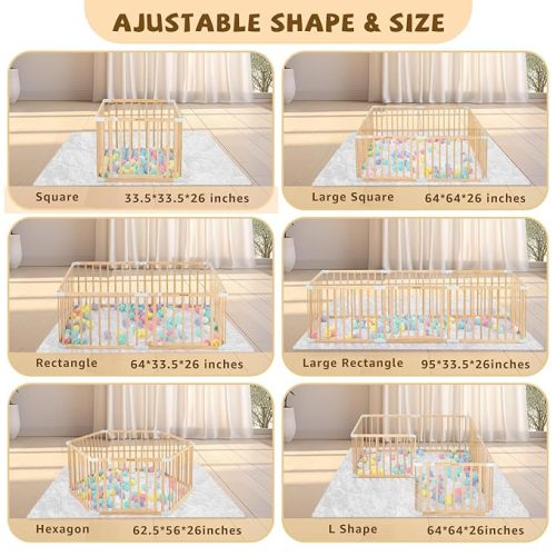 Wooden Baby Playpen with Door, Changeable & Expandable Baby Play Fence for Toddlers, Large Wood Playpen Safety Baby Gate Playard, Safe Play Area Kids Activity Center Indoor Outdoor(26" Tall, 8-Panel) - 8-panel