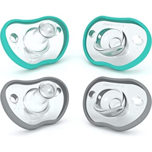 Nanobebe Baby Pacifiers 0-3 Month - Orthodontic, Curves Comfortably with Face Contour, Award Winning for Breastfeeding Babies, 100% Silicone, Baby Registry Gift 4pk,Teal/Grey