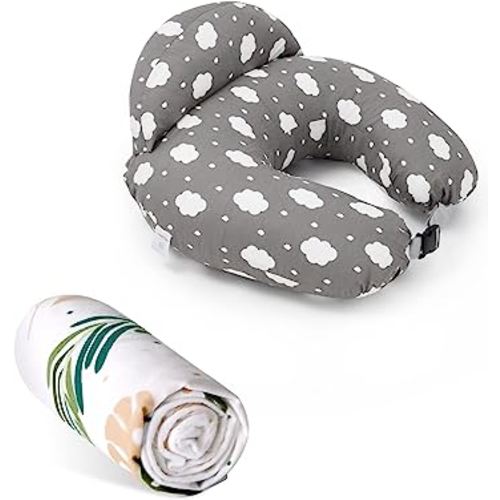 Momcozy Nursing Pillow Grey and Replacement Pillowcase, Original Plus Size Breastfeeding Pillows for More Support for Mom and Baby, with Adjustable Waist Strap