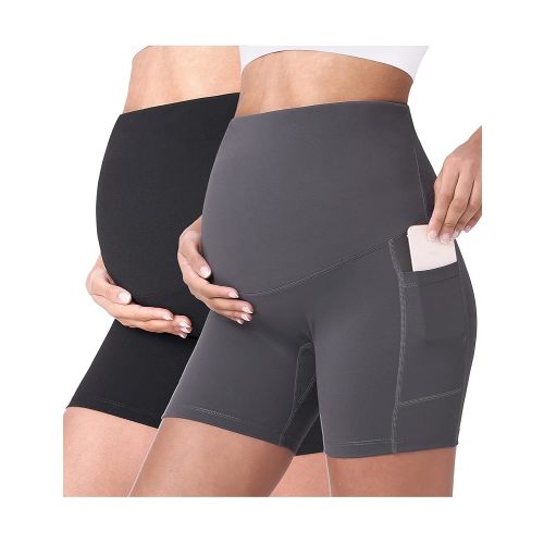 POSHDIVAH Women's Maternity Yoga Shorts Over The Belly Bump Summer Workout Running Active Short Pants with Pockets 5"/8"