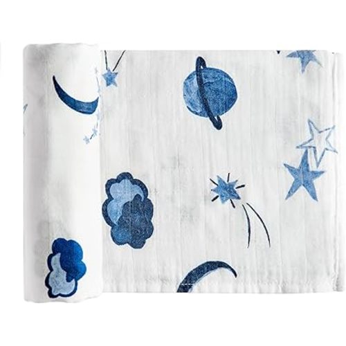 Margaux & May Muslin Swaddle, Receiving Blanket for Baby Boys and Girls, Space Print, 70% Viscose from Bamboo and 30% Organic Cotton, Large Baby Nursery Blanket, 47 x 47 Inches