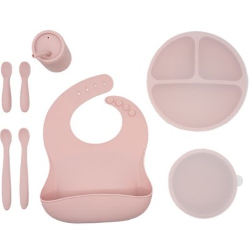 WeeSprout Baby Led Weaning Bundle, Silicone Suction Bowl, Spoons, Bib & Cup - Pink