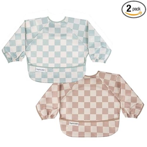 Tiny Twinkle Long Sleeve Bib for Babies&Toddlers|2-Pack Waterproof Smock Bib for Eating|Machine Washable&Mess-Proof Feeding Essentials|Newborn Shower Gift(Sage,Beige Checkers,6-24M)