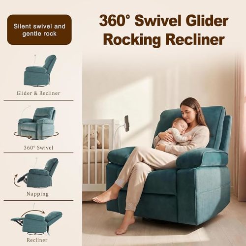 360° Swivel Glider Rocking Chair Nursery， Oversized Recliner with Phone Holder，Nursing Chairs for Breastfeeding with Wide Foot Rest for Living Room and Baby Room,Blue