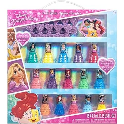 Disney Princess 15 Piece Water-Based Nail Polish with 3 Toe Spacers, Quick Dry, Peel Off, Gift Kit Set for Kids Girls, Ages 3 by Townley Girl