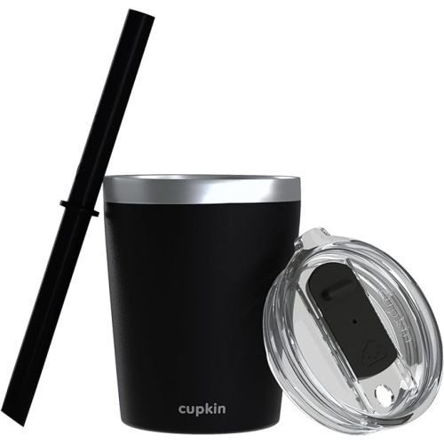 CUPKIN Stackable Stainless Steel Kids Cup Smoothie Tumbler - Powder Coated Insulated Tumblers, BPA Free Lid and Silicone Straw (8 Fl Oz (Pack of 1), Black)