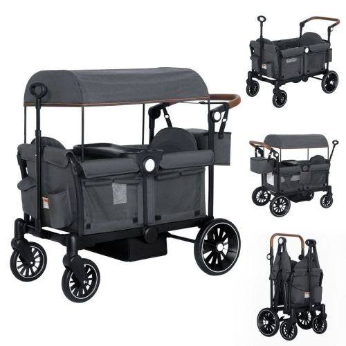 Kinder King 2-Seat Wagon Stroller, All-Terrain Foldable Stroller Wagon for Toddlers with Canopy, Snack Tray & Push/Pull Bar