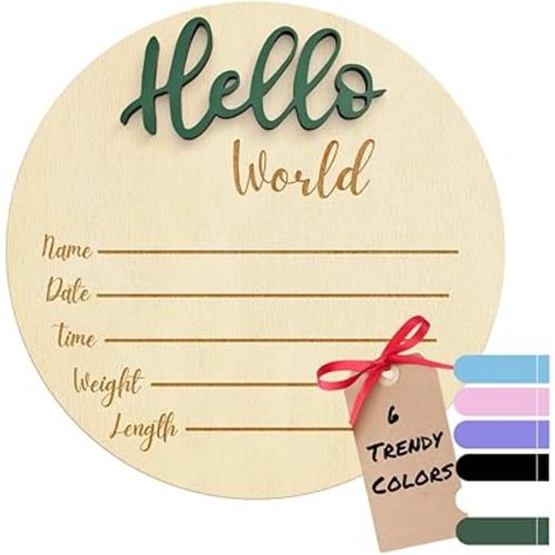 Baby Announcement Sign, Hello World Newborn Sign for Hospital, Large 6” Wooden Baby Name Sign, Newborn Photography Props for Boys and Girls, Welcome Baby Sign (Green)
