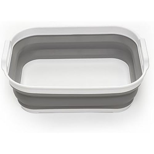 SAMMART Collapsible Washing Tub with Handle 13L (3.4 Gallon) - Portable Outdoor Picnic Basin – Foldable Space Saving Storage Container for Dishing, Camping & Home (White/Grey)