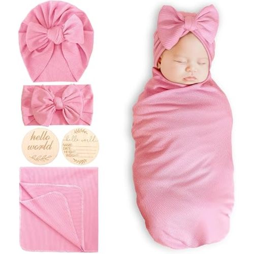 DRESHOW BQUBO Baby Girl Newborn Receiving Blankets with Bow Hat Headband Wooden Birth Announcement Card Set Newborn Baby Swaddle Wrap Set Warm Shower Gift