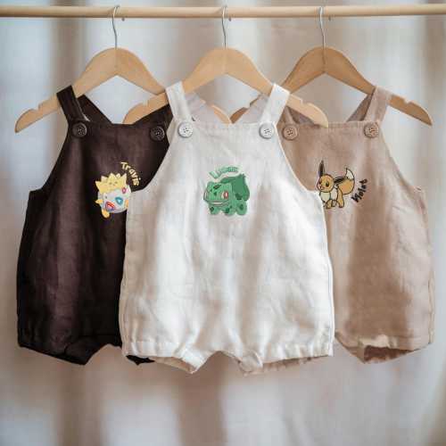 Pesonalized Poke Embroidered Baby Onesie, 12M 18M 24M PKM Dungaree Romper, Linen New Born Dress, Custom Name Gift For Kid