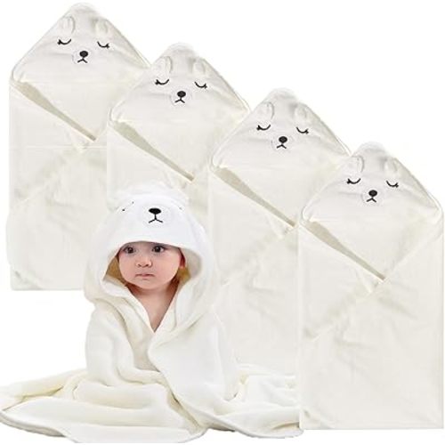 kmilro Baby Hooded Towel, 4-Pack Baby Essentials Baby Towels for Boy and Girl with 31.5x31.5 inch Soft Ultra Absorbent Hooded Towel Set for Babies, Toddler, Infant (White Bear)