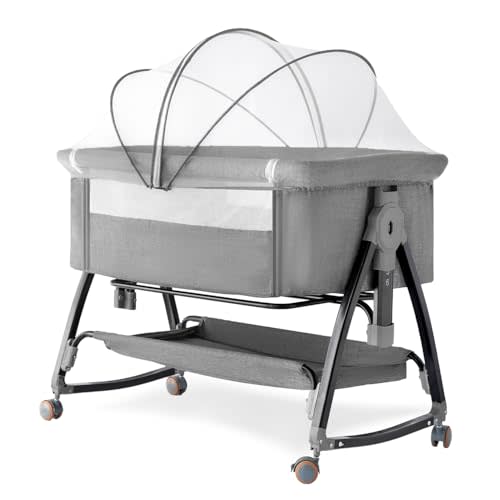 venowu Bedside Crib, 3 in 1 Bassinet with Quick Height Adjustment and Mosquito Nets Rocking Bassinet for Baby, Bedside Bassinet with Wheels, Easy to Fold, Golden Triangle Structure（Grey）